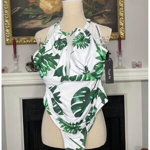 Tempt Me Banana Leaf Print One Piece Swimsuit High Neck Plunge Mesh Medium